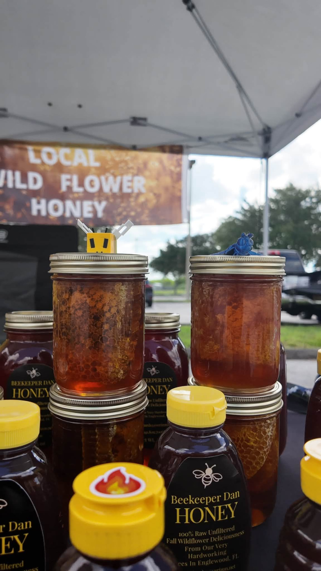 Jars of local wildflower honey with honeycomb under a Local Wild Flower Honey banner